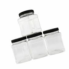 32-Ounce Square Plastic Jars (4-Pack) with black lids, Easy-